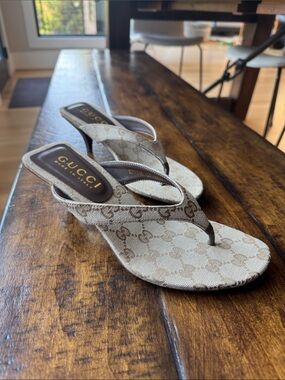 Beige Monogram Thong Kitten Heel Sandals